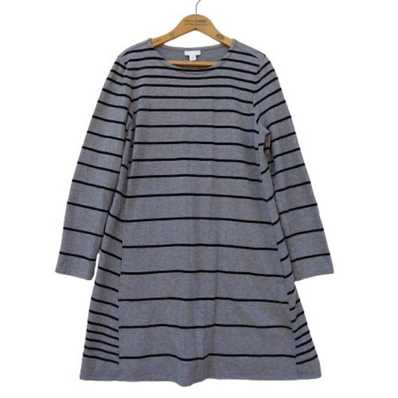 J Jill Gray Striped Terry Knit Swing Dress Size M Long Sleeve Pockets Shift - Picture 1 of 9
